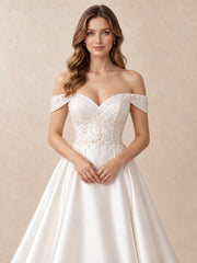 White Pearl-Embellished Off-the-Shoulder Satin A-Line Wedding Dress