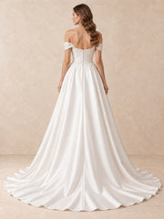 White Pearl-Embellished Off-the-Shoulder Satin A-Line Wedding Dress
