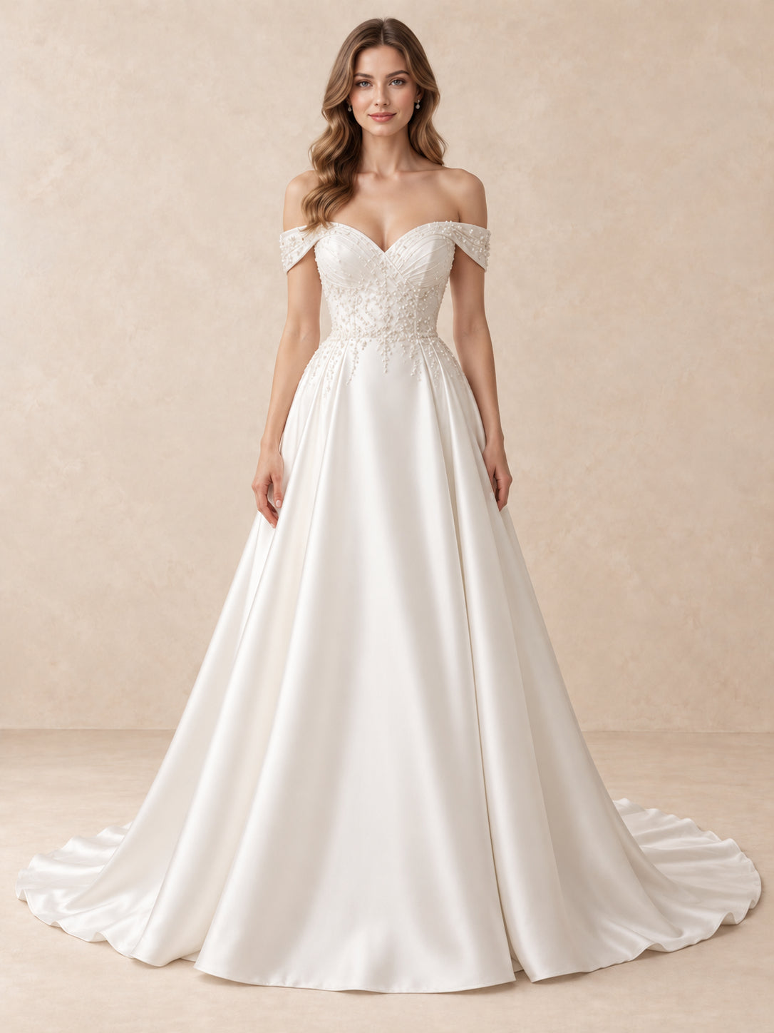 White Pearl-Embellished Off-the-Shoulder Satin A-Line Wedding Dress