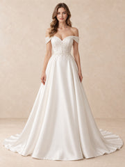 White Pearl-Embellished Off-the-Shoulder Satin A-Line Wedding Dress