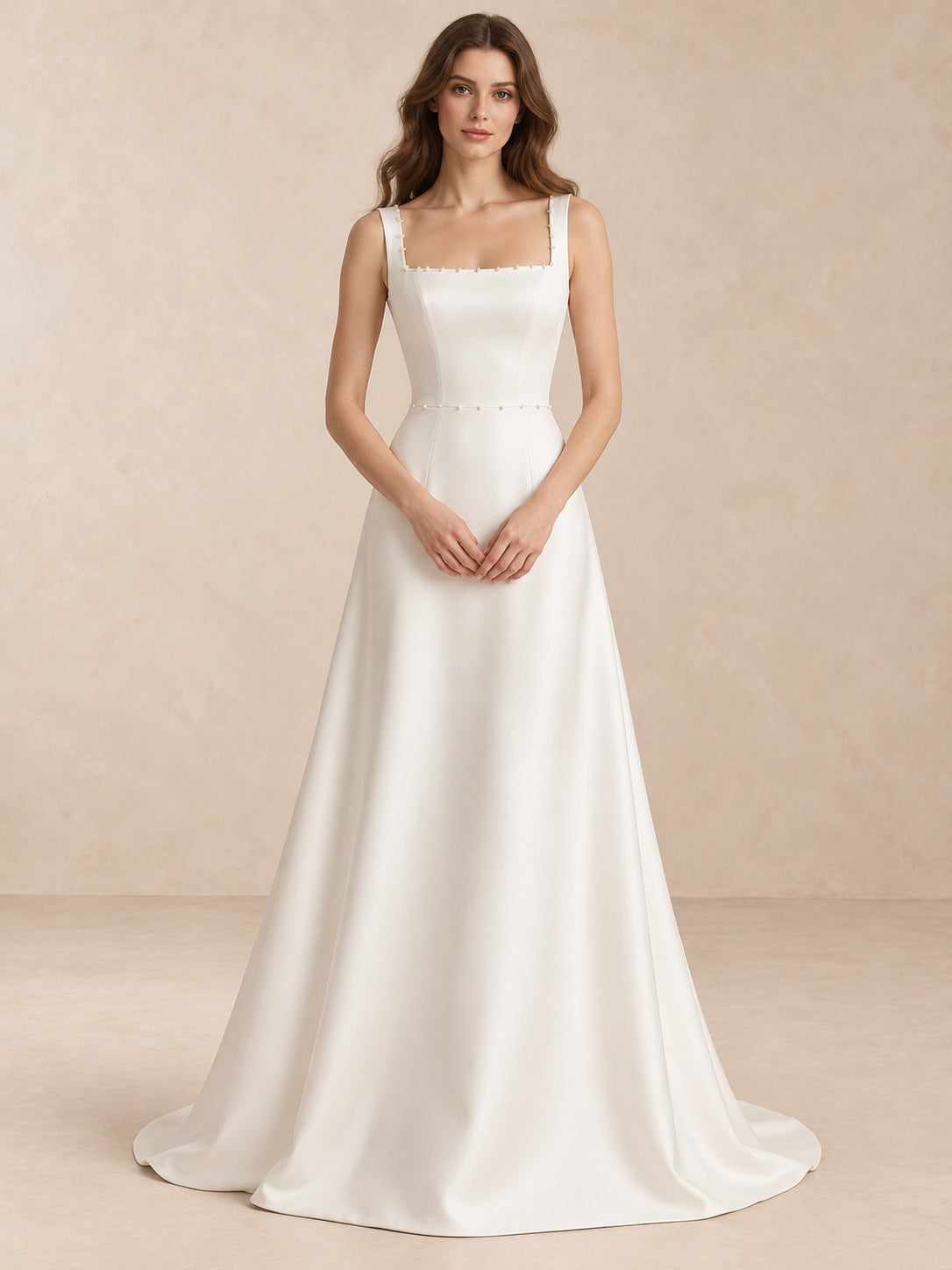 White Pearl-Trim Square-Neck Satin A-Line Wedding Dress with Sweep Train