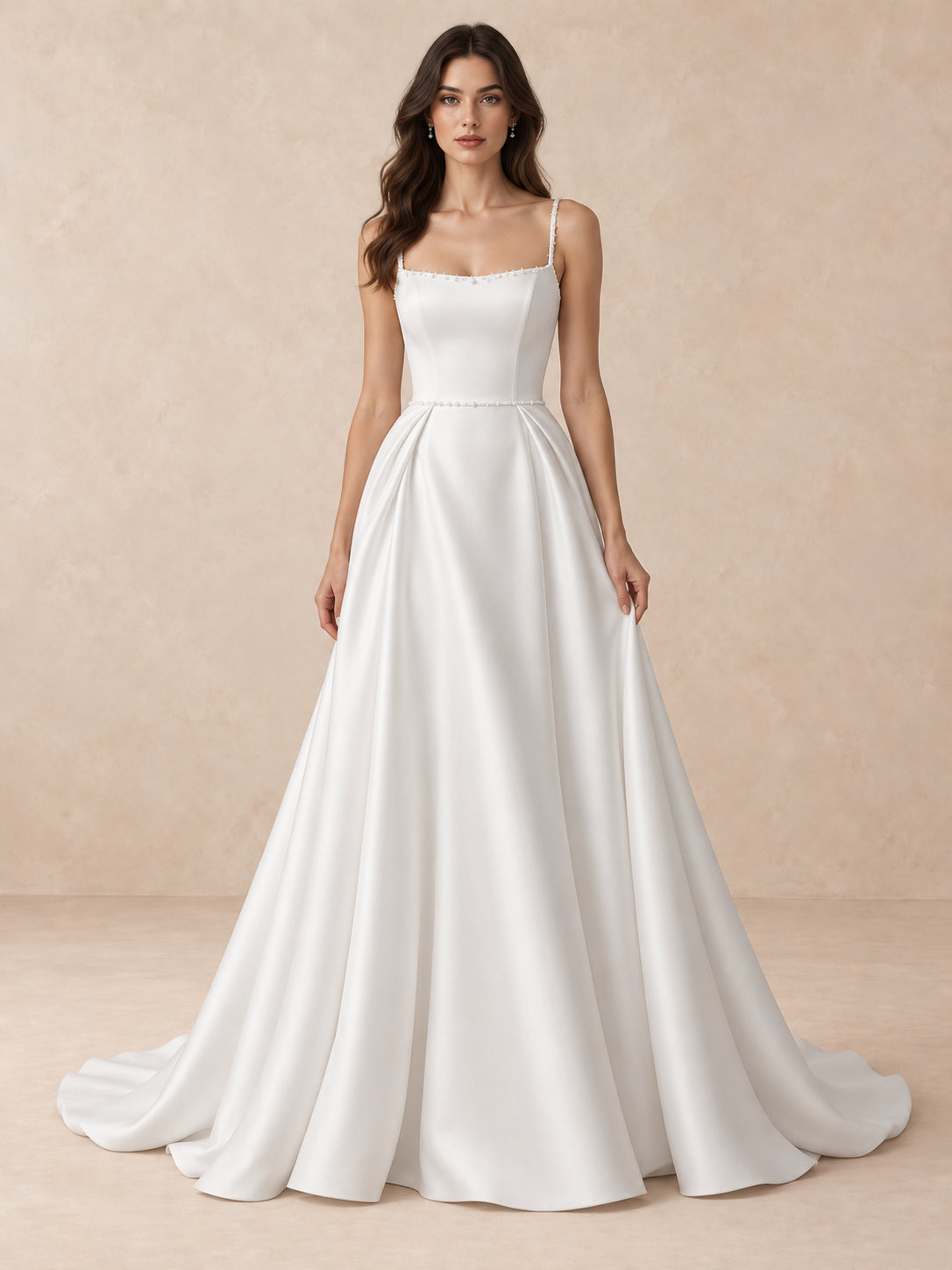 Pearl-Trim Square-Neck Satin A-Line Wedding Dress with Sweep Train