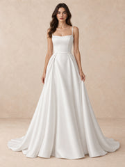 Pearl-Trim Square-Neck Satin A-Line Wedding Dress with Sweep Train