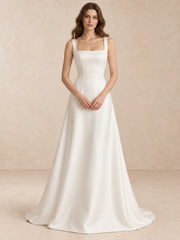 White Pearl-Trim Square-Neck Satin A-Line Wedding Dress with Sweep Train