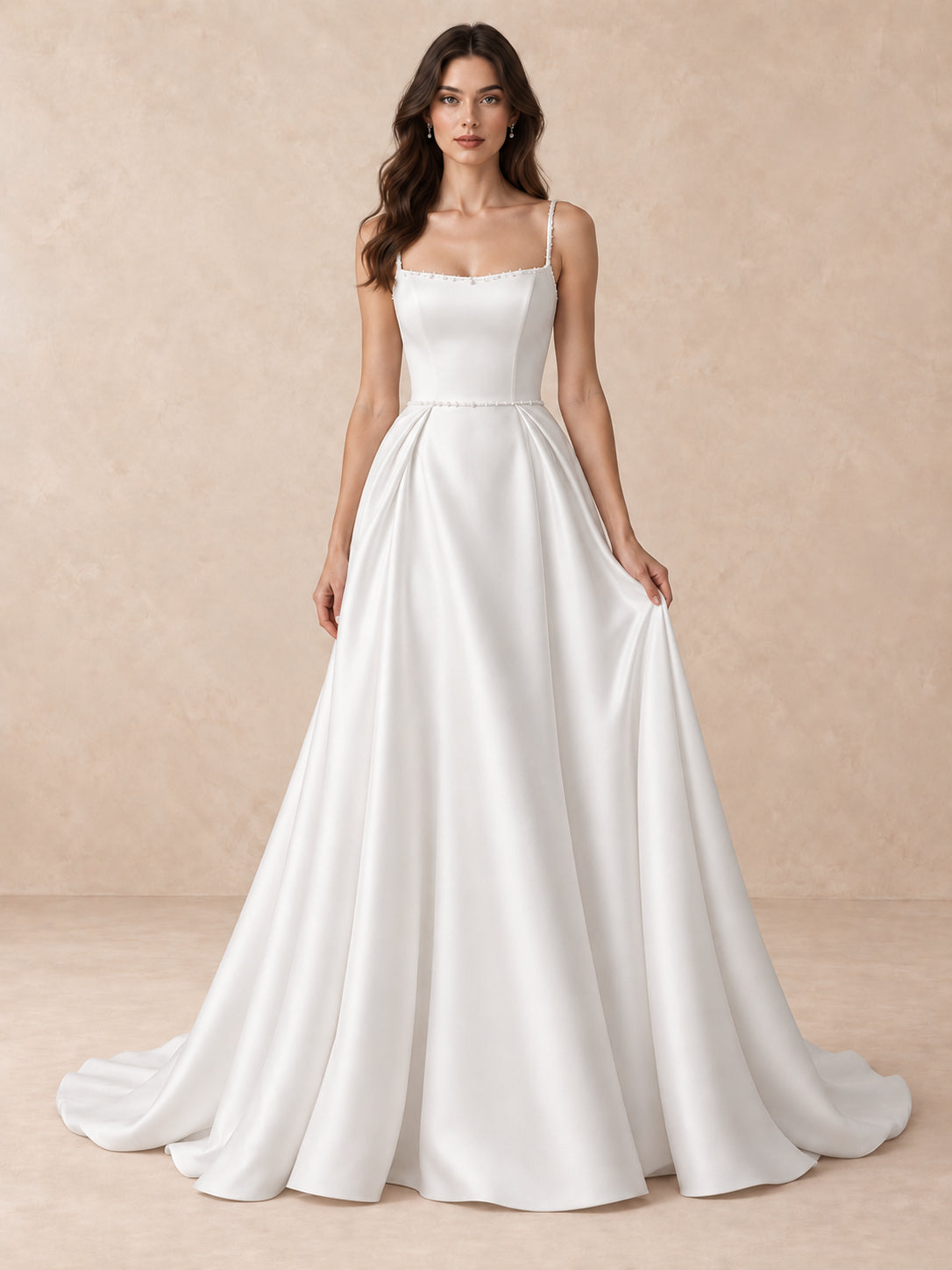 Pearl-Trim Square-Neck Satin A-Line Wedding Dress with Sweep Train