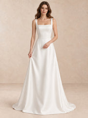 White Pearl-Trim Square-Neck Satin A-Line Wedding Dress with Sweep Train