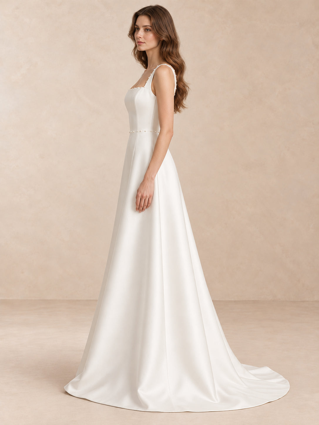 White Pearl-Trim Square-Neck Satin A-Line Wedding Dress with Sweep Train