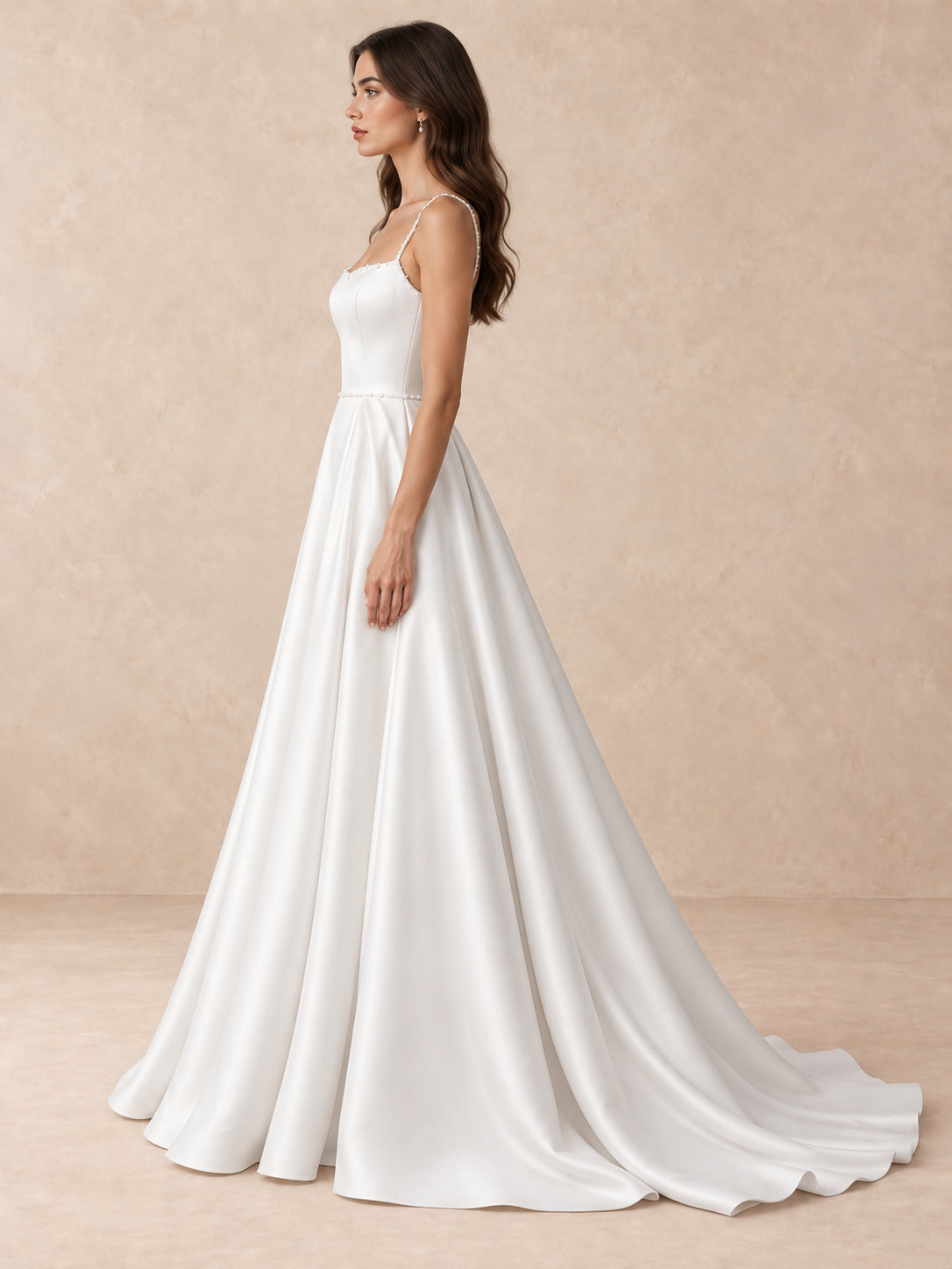 Pearl-Trim Square-Neck Satin A-Line Wedding Dress with Sweep Train