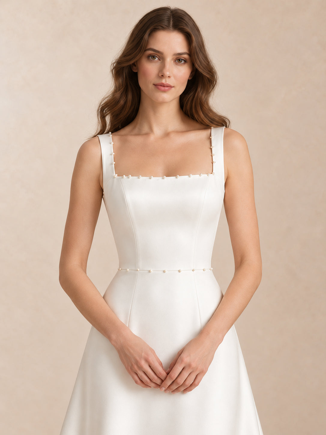White Pearl-Trim Square-Neck Satin A-Line Wedding Dress with Sweep Train