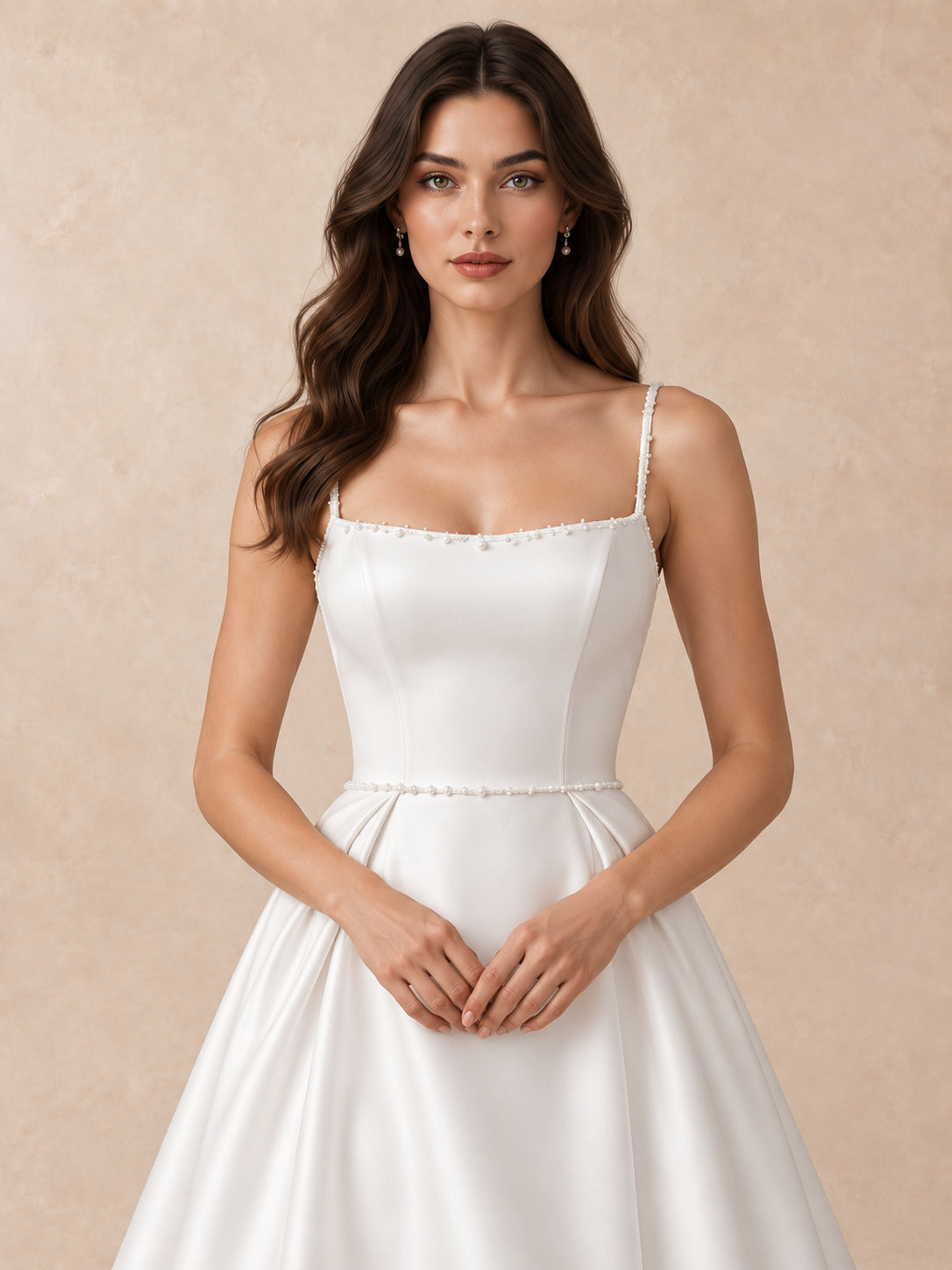 Pearl-Trim Square-Neck Satin A-Line Wedding Dress with Sweep Train