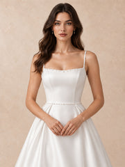 Pearl-Trim Square-Neck Satin A-Line Wedding Dress with Sweep Train
