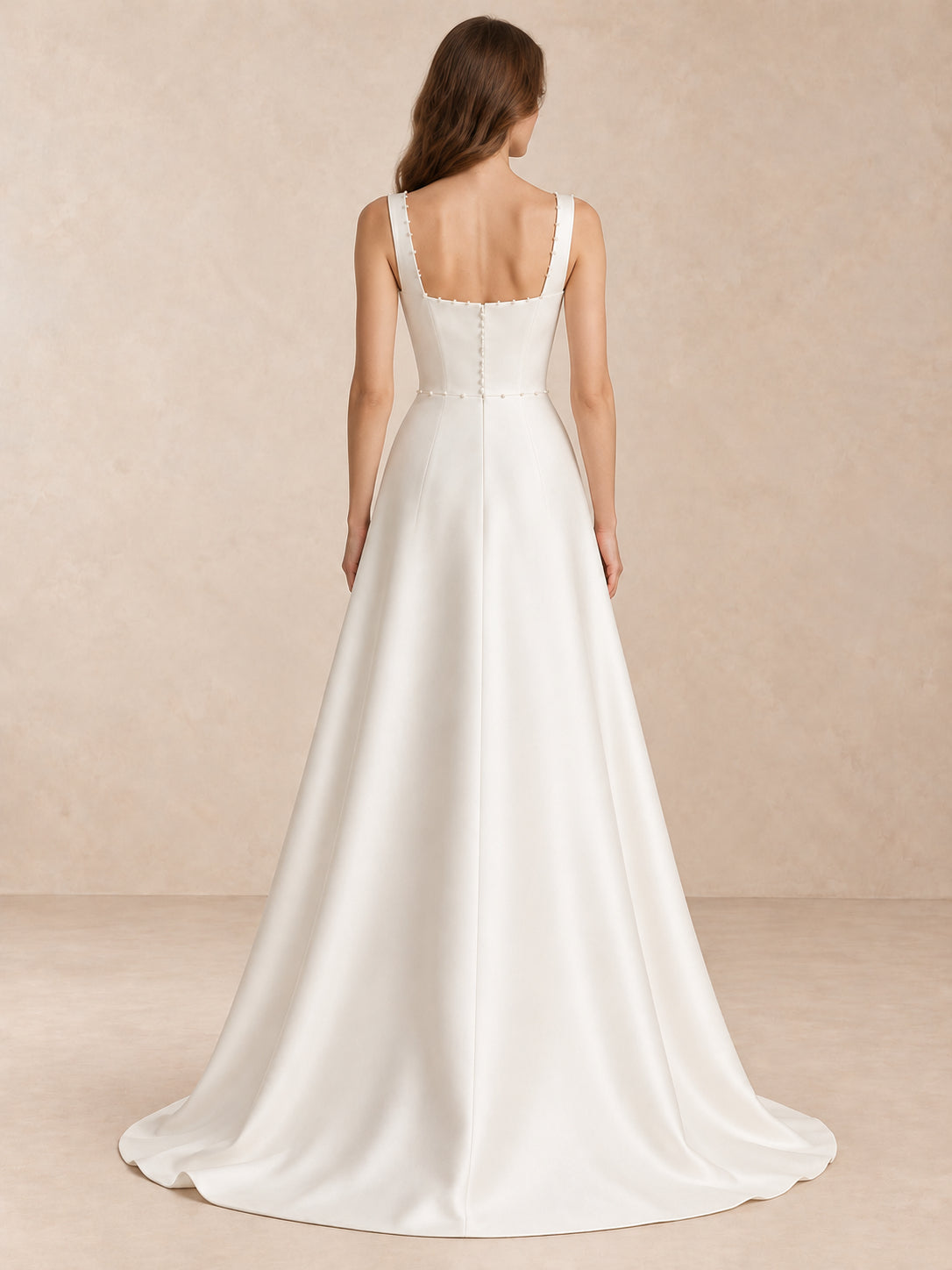 White Pearl-Trim Square-Neck Satin A-Line Wedding Dress with Sweep Train