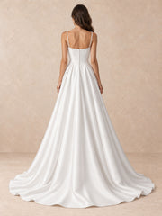 Pearl-Trim Square-Neck Satin A-Line Wedding Dress with Sweep Train