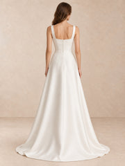 White Pearl-Trim Square-Neck Satin A-Line Wedding Dress with Sweep Train