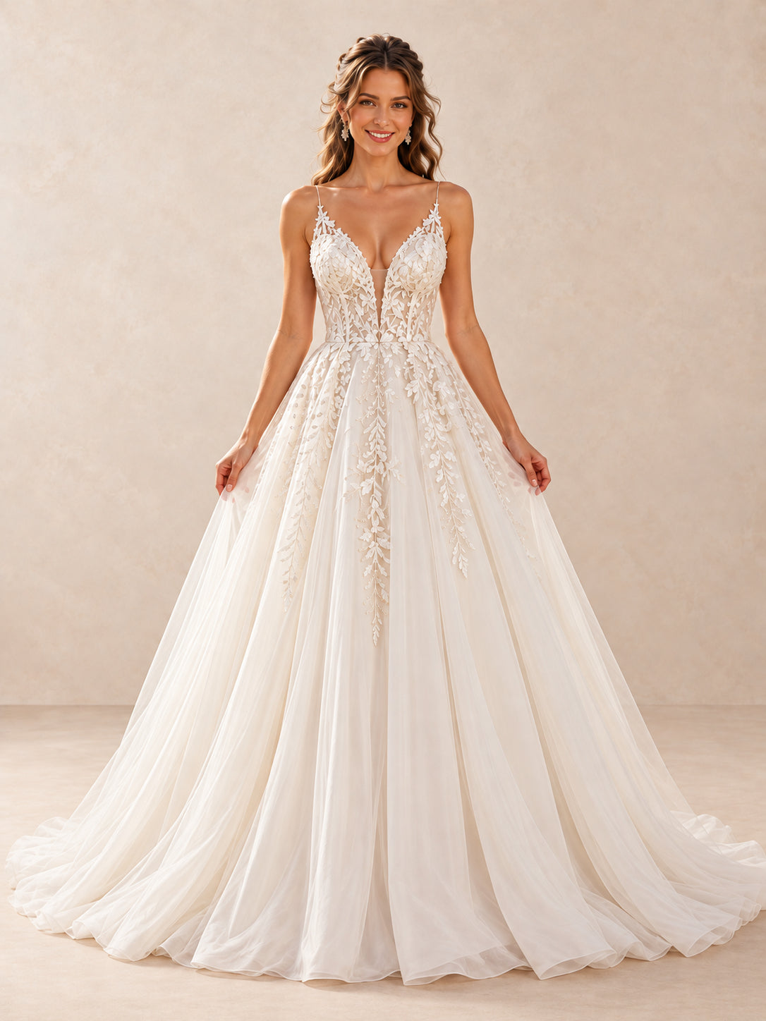 White Plunging V-Neck Lace Appliqué A-Line Wedding Dress