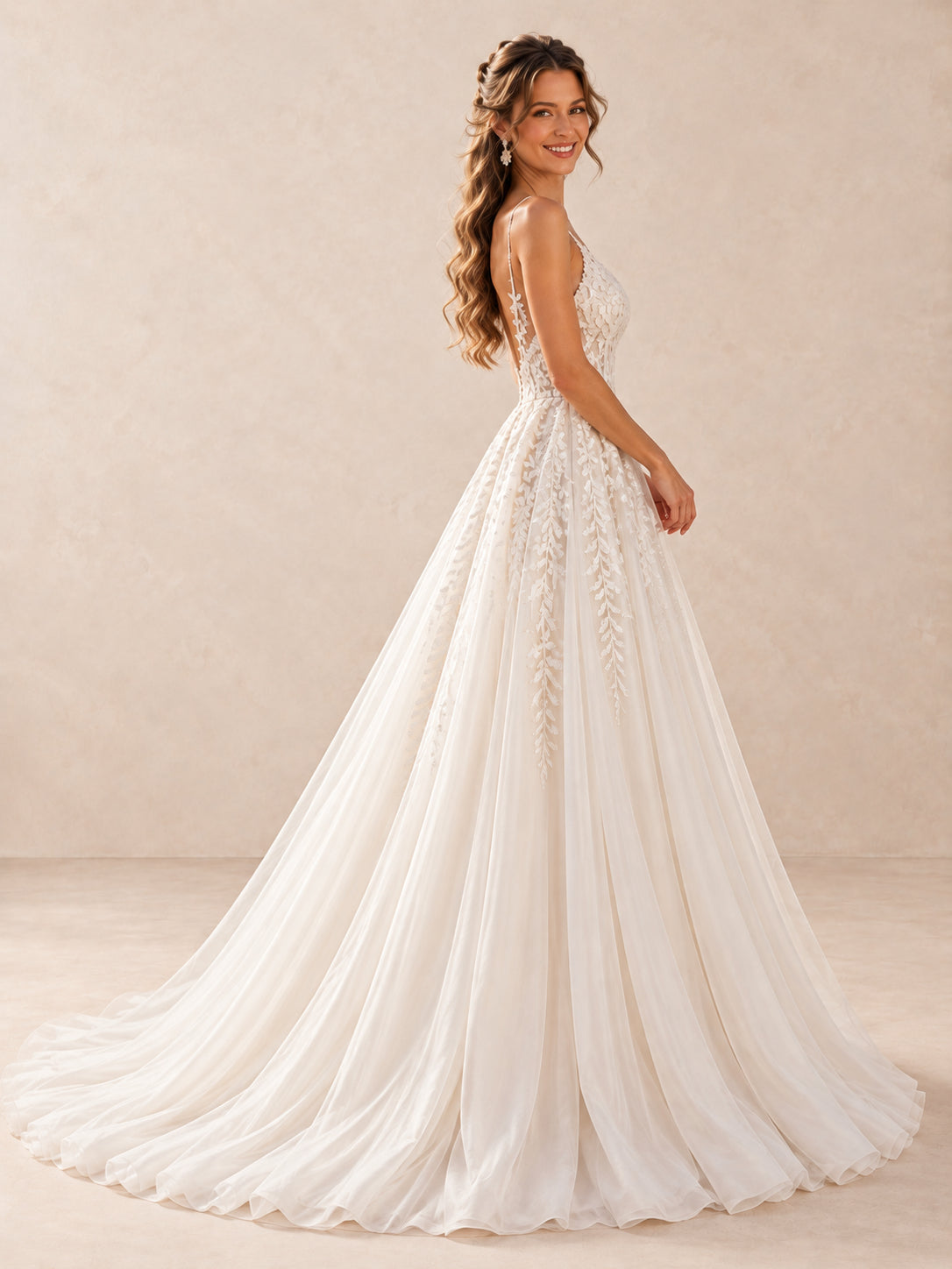 White Plunging V-Neck Lace Appliqué A-Line Wedding Dress