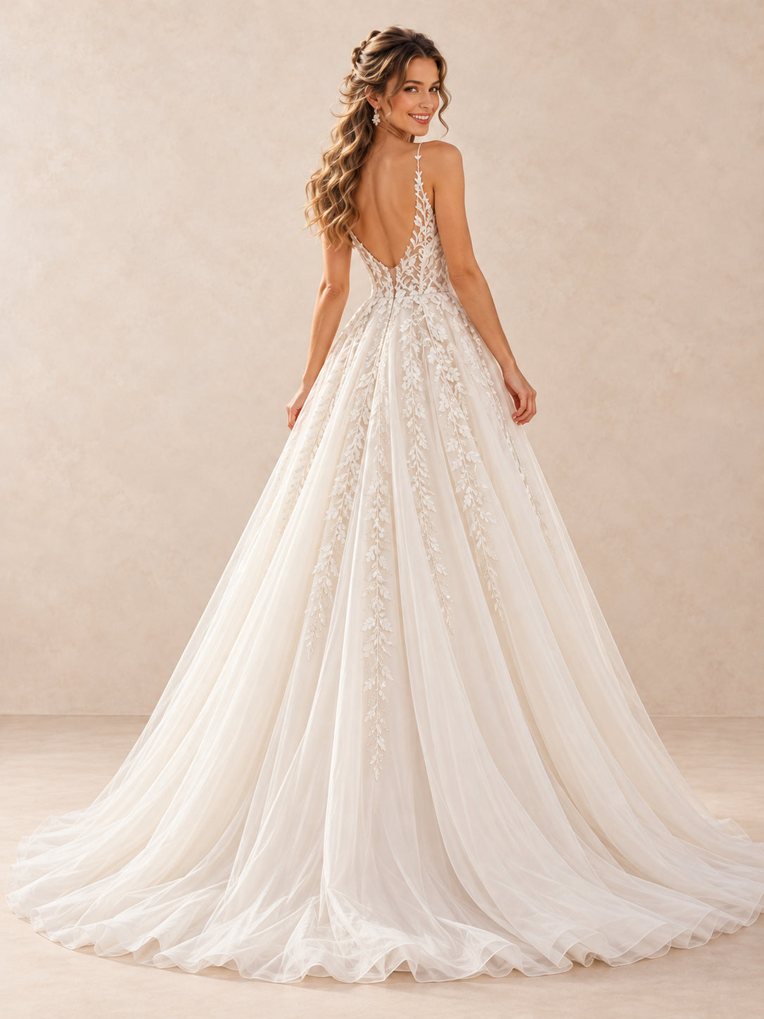 White Plunging V-Neck Lace Appliqué A-Line Wedding Dress