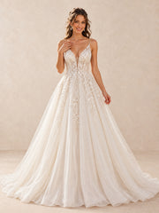 White Plunging V-Neck Lace Appliqué A-Line Wedding Dress