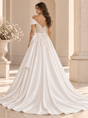 White Satin A-Line Wedding Dress with Asymmetric Draping & Floral Lace