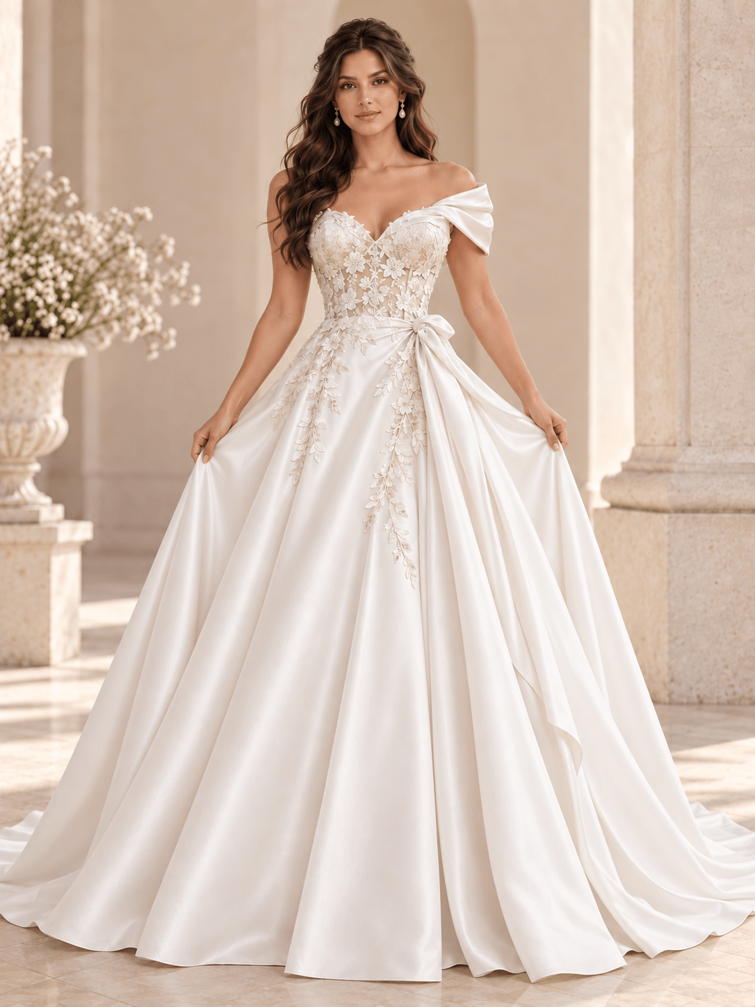 White Satin A-Line Wedding Dress with Asymmetric Draping & Floral Lace