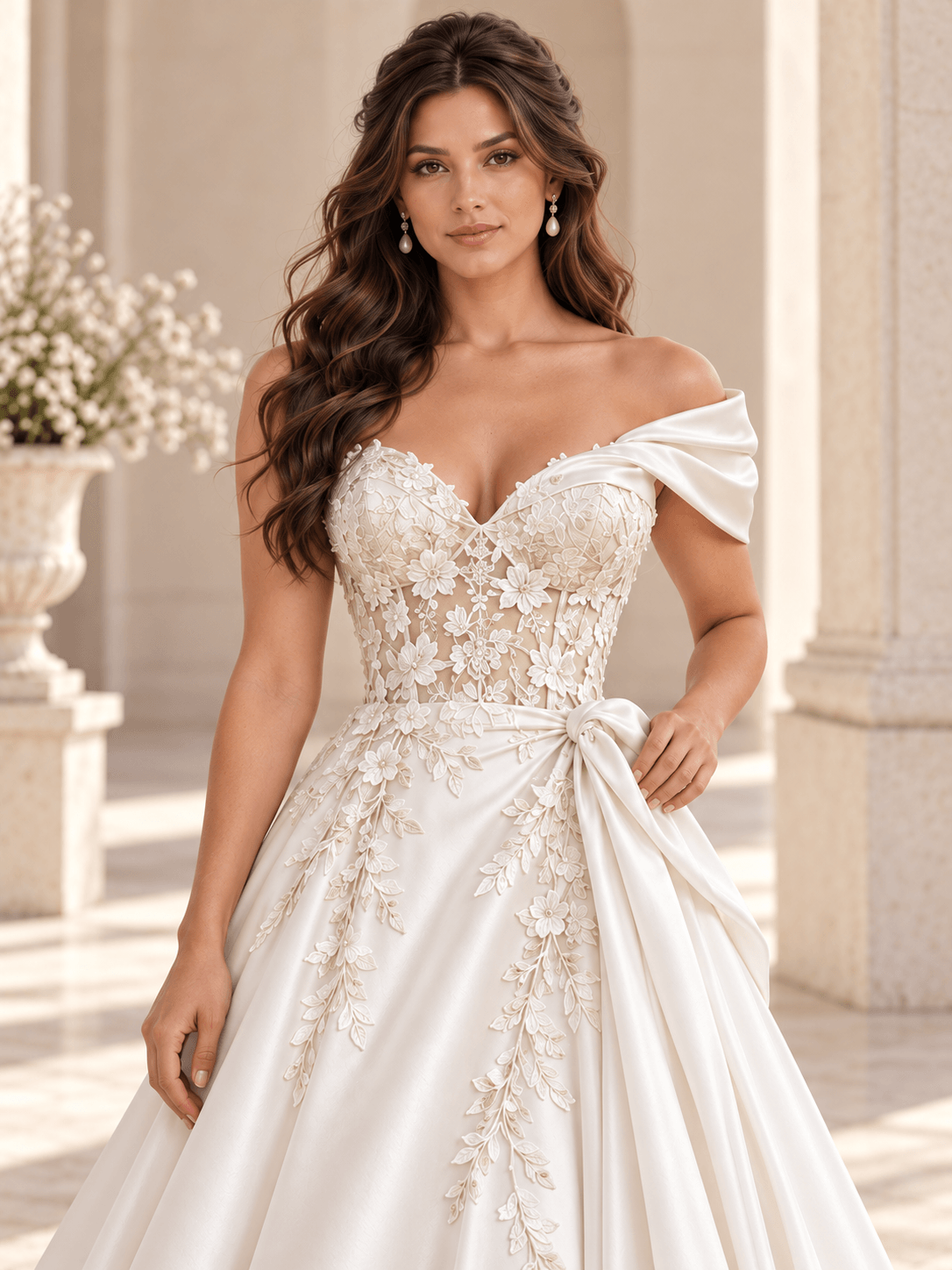 White Satin A-Line Wedding Dress with Asymmetric Draping & Floral Lace