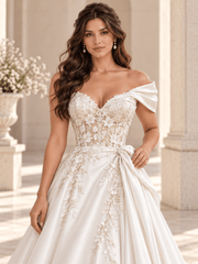 White Satin A-Line Wedding Dress with Asymmetric Draping & Floral Lace