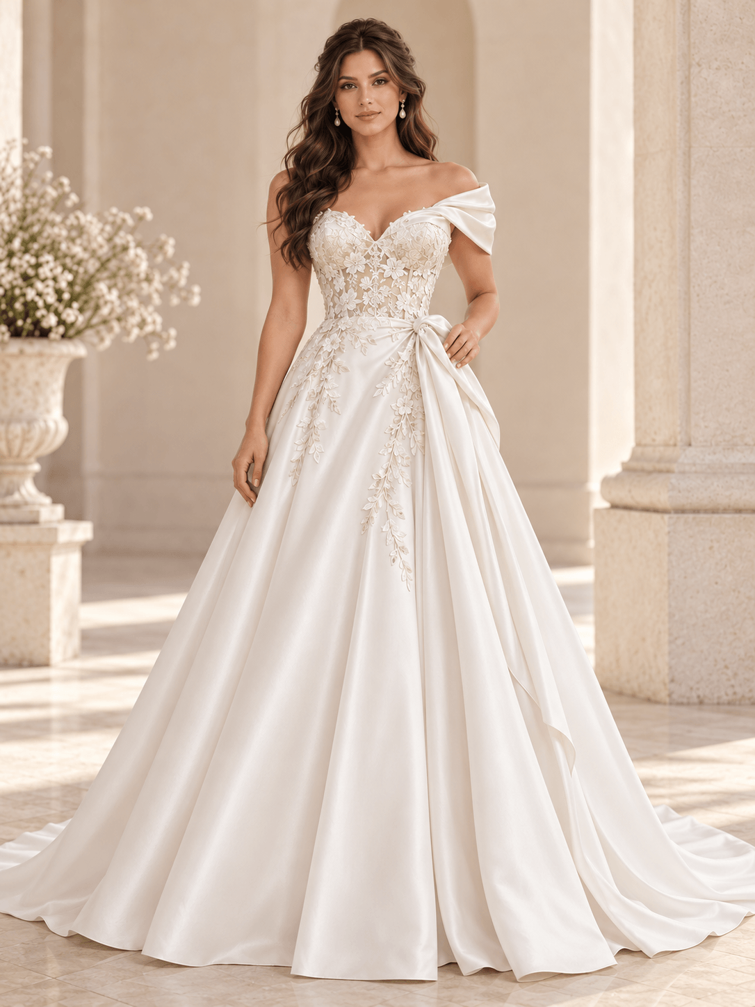 White Satin A-Line Wedding Dress with Asymmetric Draping & Floral Lace