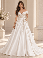 White Satin A-Line Wedding Dress with Asymmetric Draping & Floral Lace