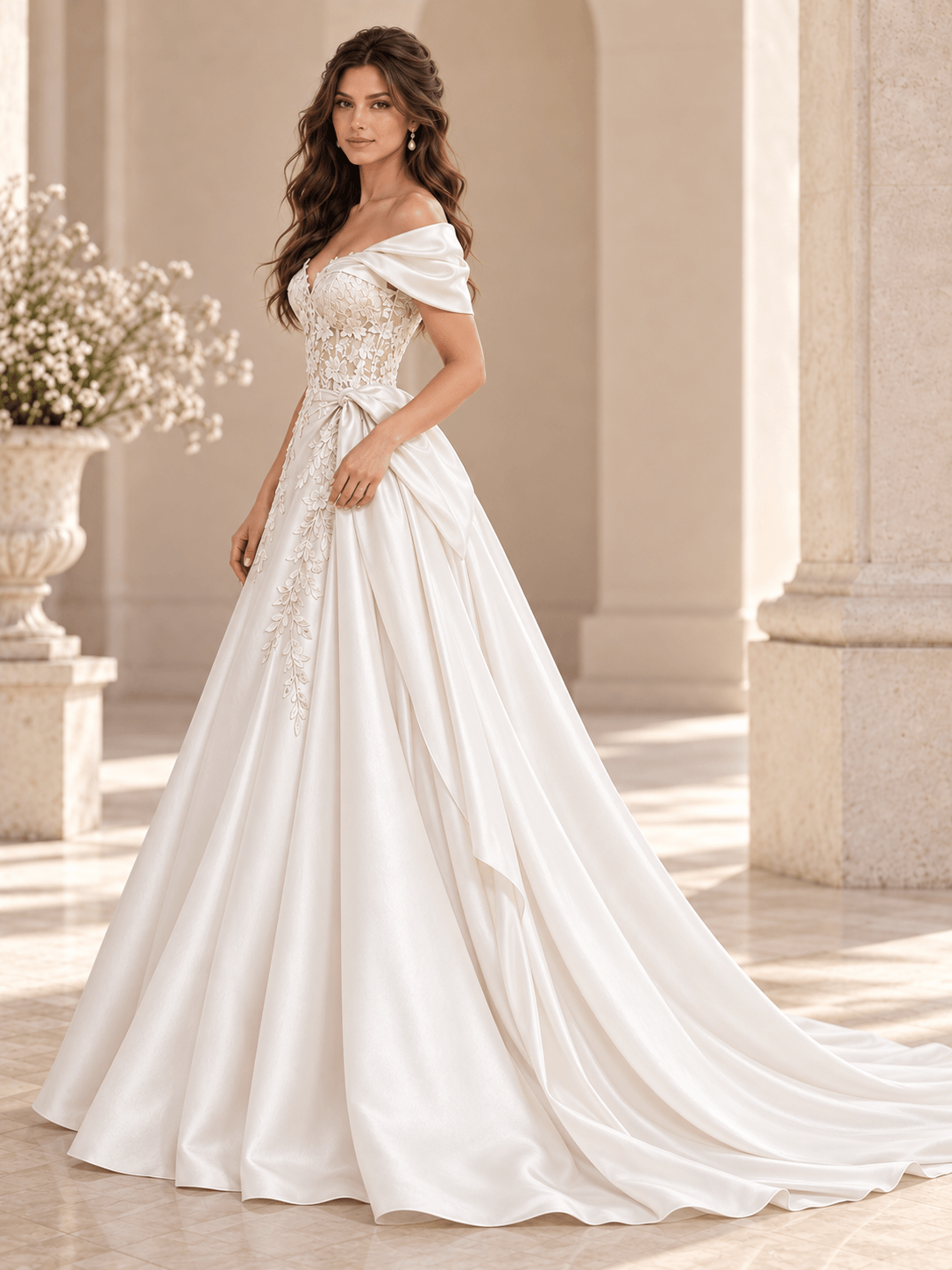 White Satin A-Line Wedding Dress with Asymmetric Draping & Floral Lace