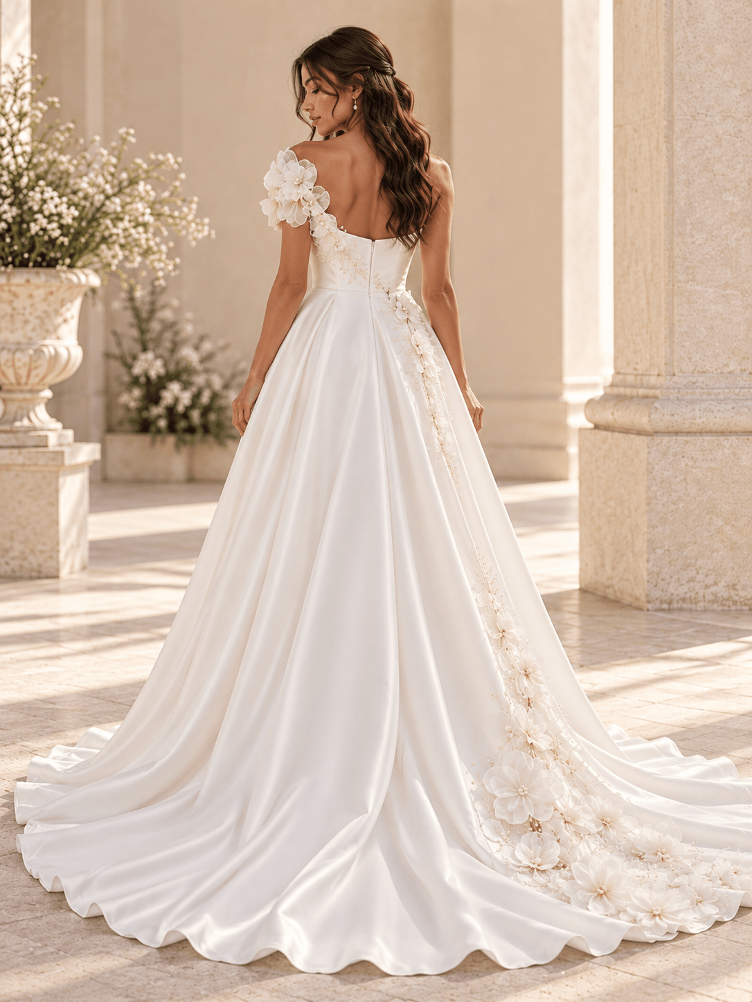 White Satin A-Line Wedding Dress with Asymmetrical Floral Accents