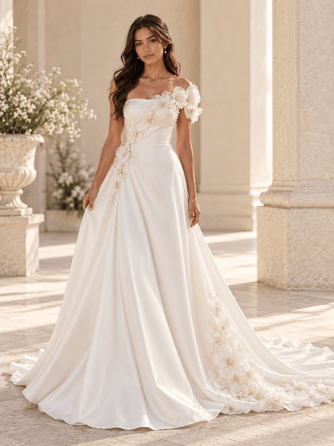 White Satin A-Line Wedding Dress with Asymmetrical Floral Accents