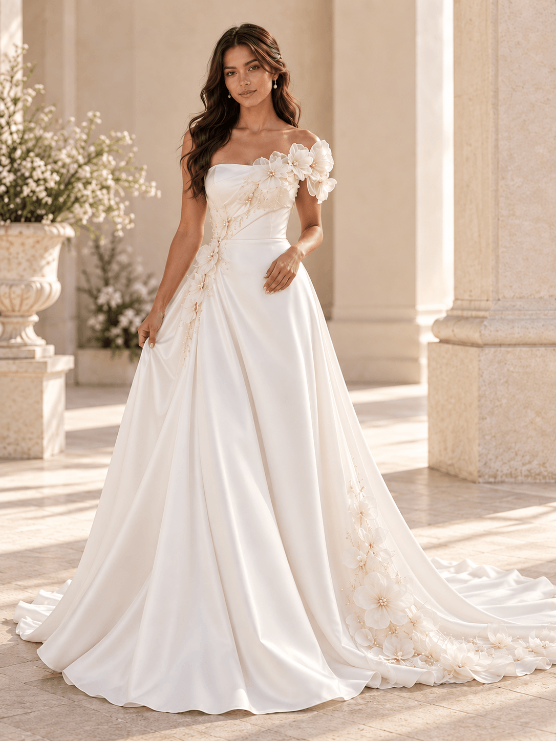 White Satin A-Line Wedding Dress with Asymmetrical Floral Accents