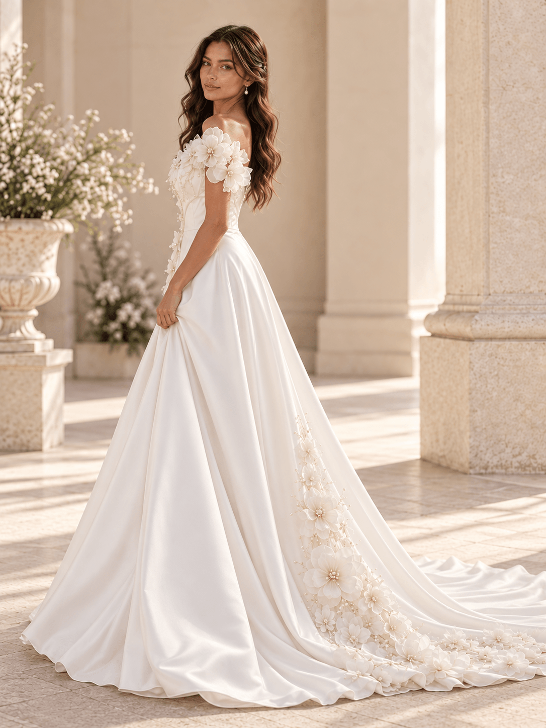 White Satin A-Line Wedding Dress with Asymmetrical Floral Accents