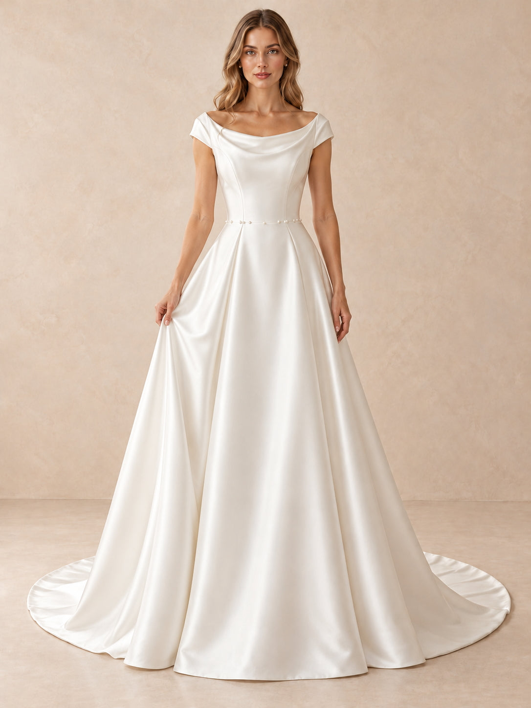 White Satin A-Line Wedding Dress with Draped Bateau Neckline