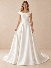 White Satin A-Line Wedding Dress with Draped Bateau Neckline