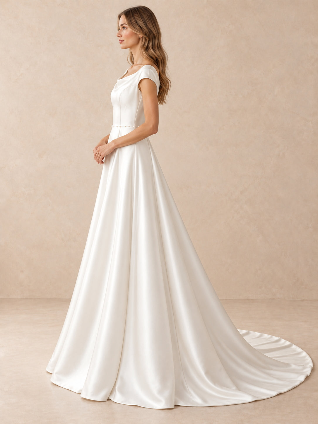 White Satin A-Line Wedding Dress with Draped Bateau Neckline