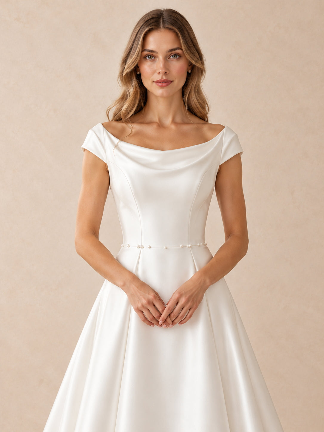 White Satin A-Line Wedding Dress with Draped Bateau Neckline