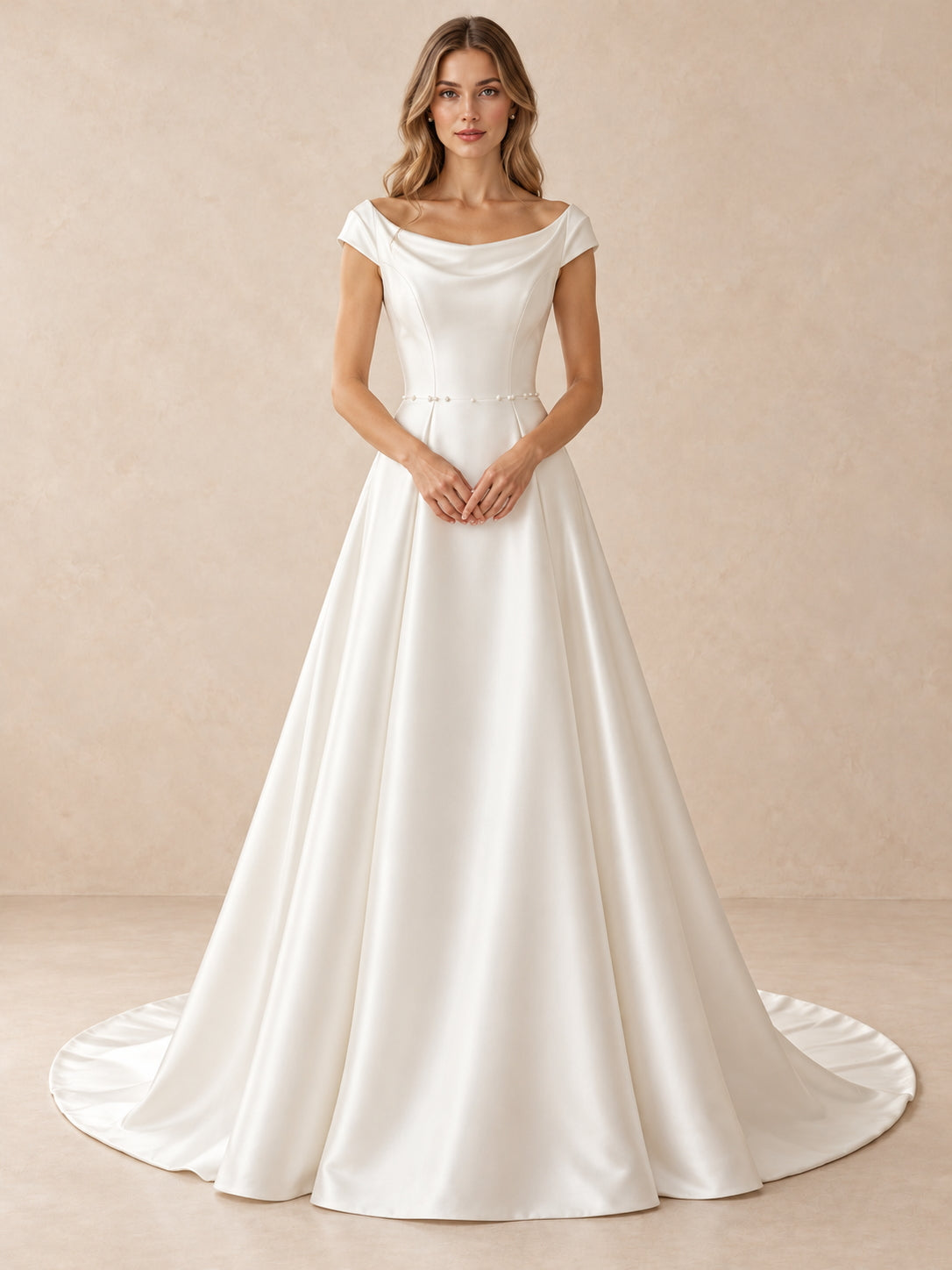 White Satin A-Line Wedding Dress with Draped Bateau Neckline