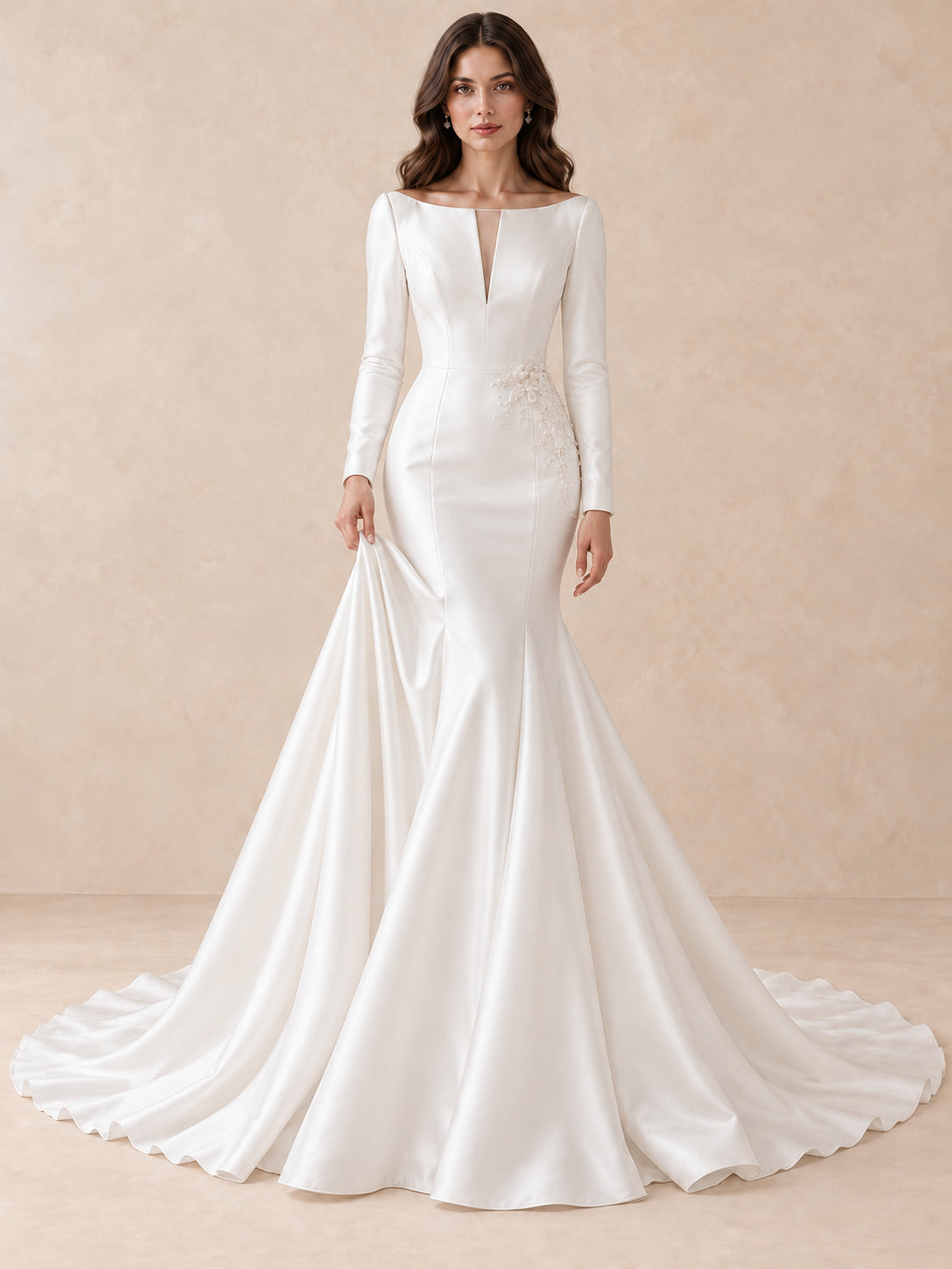 White Satin Long Sleeves Mermaid Wedding Dress With Pearl Appliqués