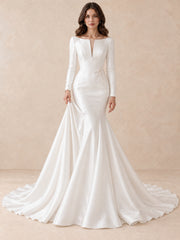 White Satin Long Sleeves Mermaid Wedding Dress With Pearl Appliqués
