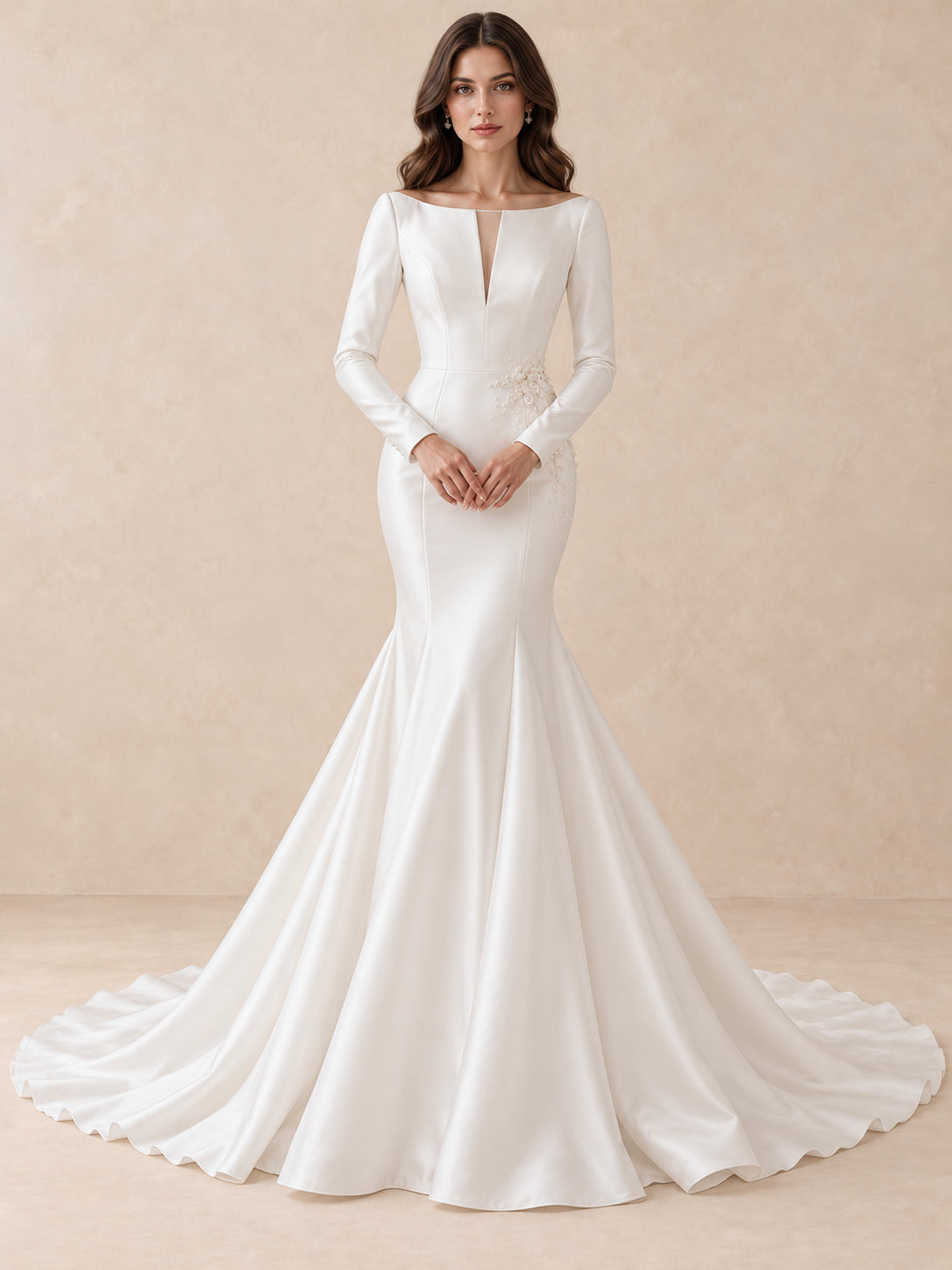 White Satin Long Sleeves Mermaid Wedding Dress With Pearl Appliqués