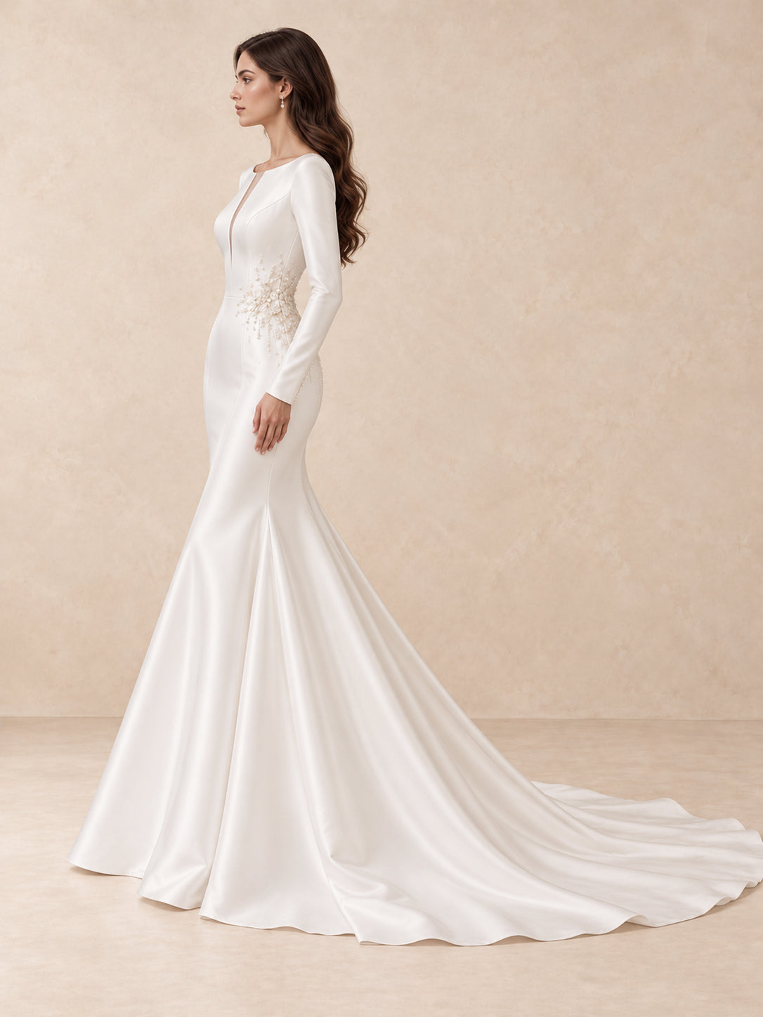 White Satin Long Sleeves Mermaid Wedding Dress With Pearl Appliqués