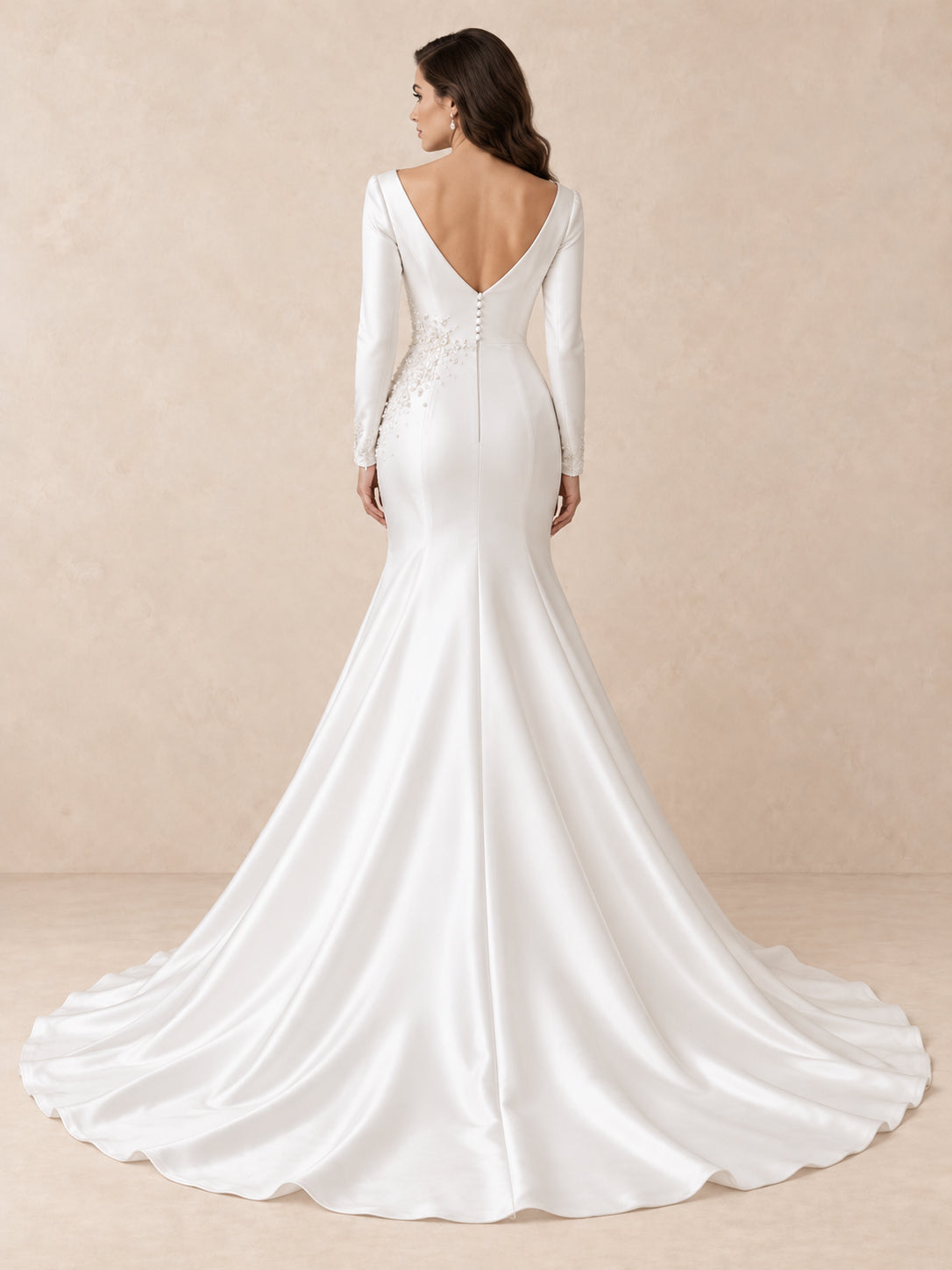White Satin Long Sleeves Mermaid Wedding Dress With Pearl Appliqués