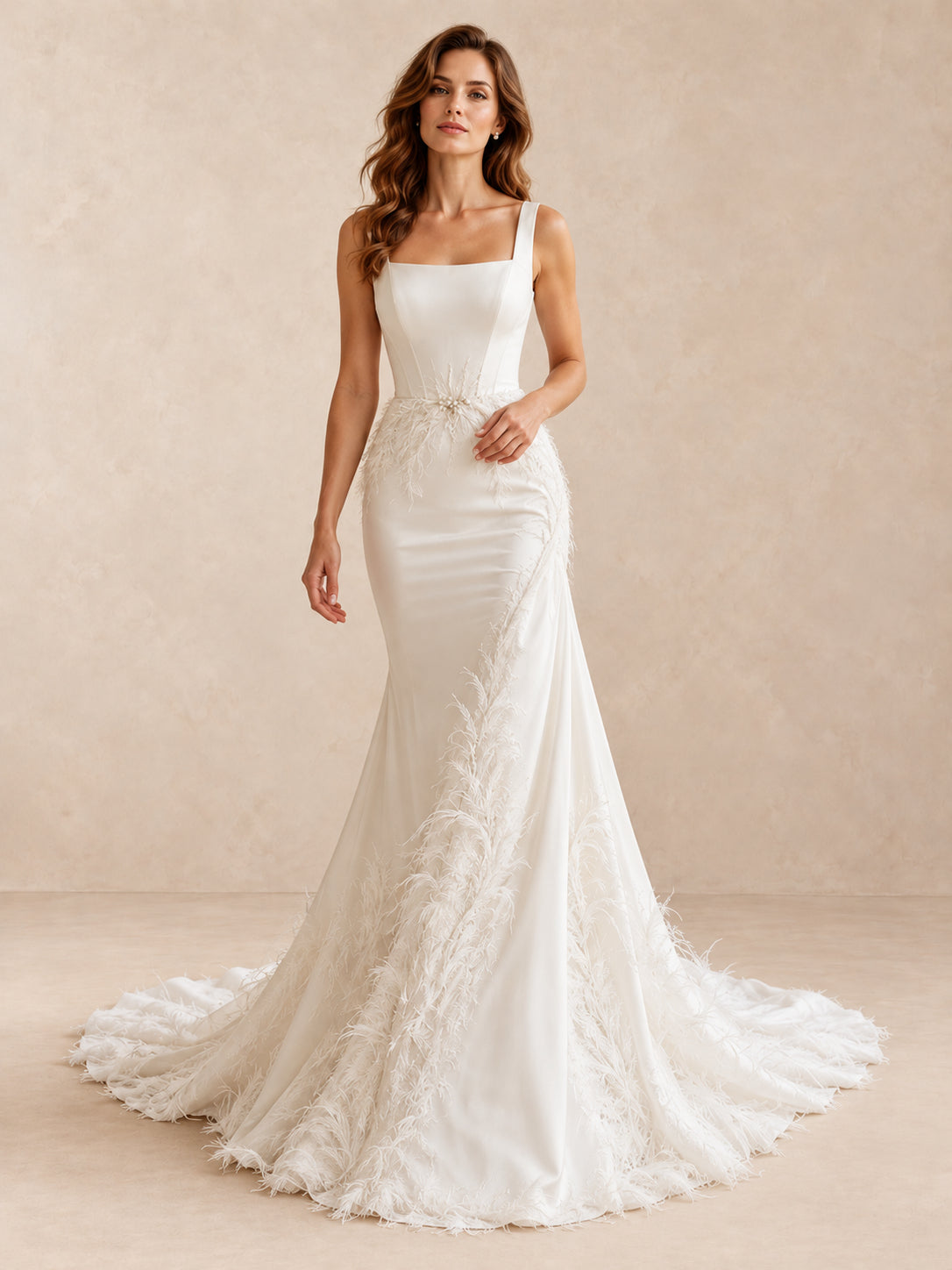 White Satin Mermaid Wedding Dress with Feather Embroidery