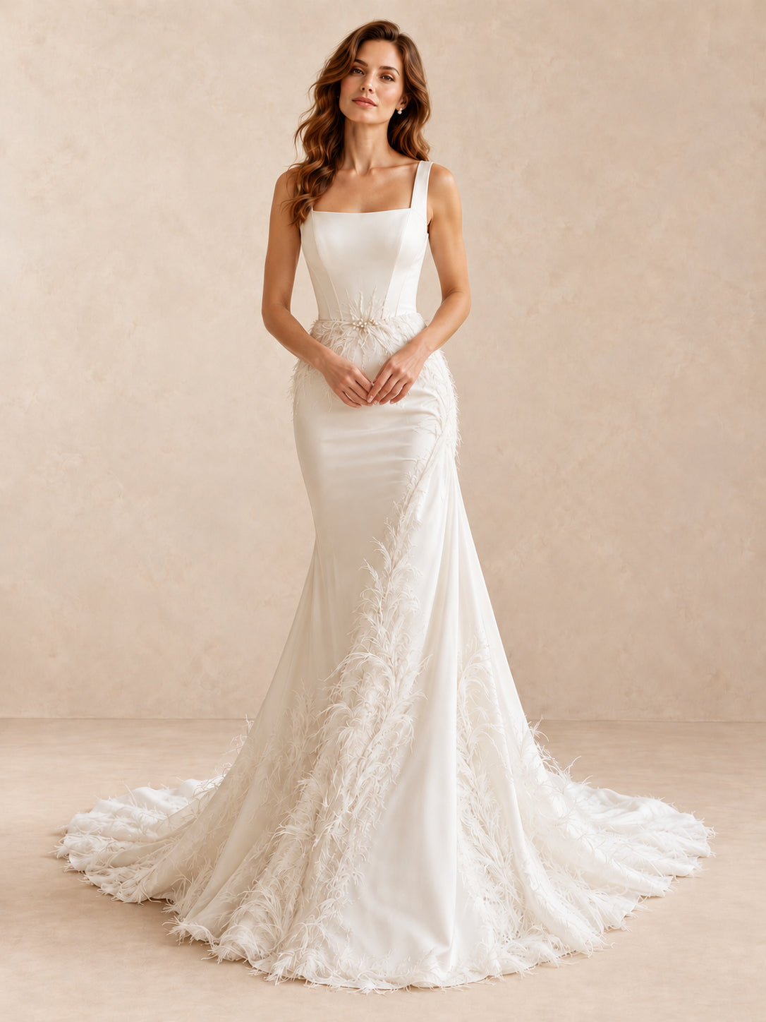 White Satin Mermaid Wedding Dress with Feather Embroidery