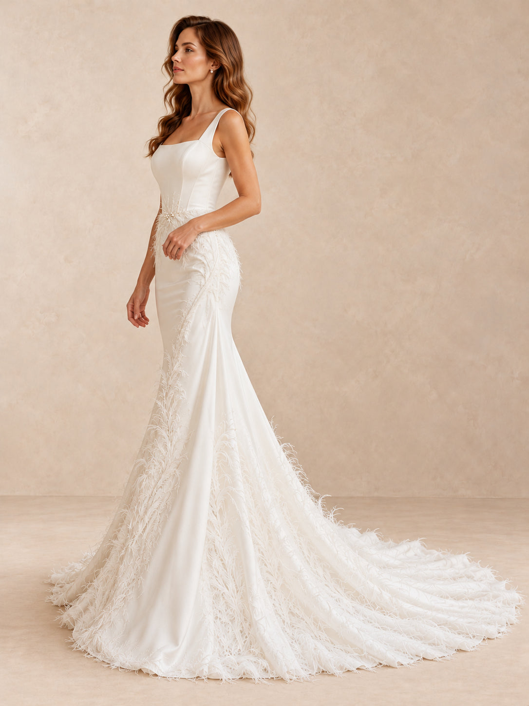 White Satin Mermaid Wedding Dress with Feather Embroidery