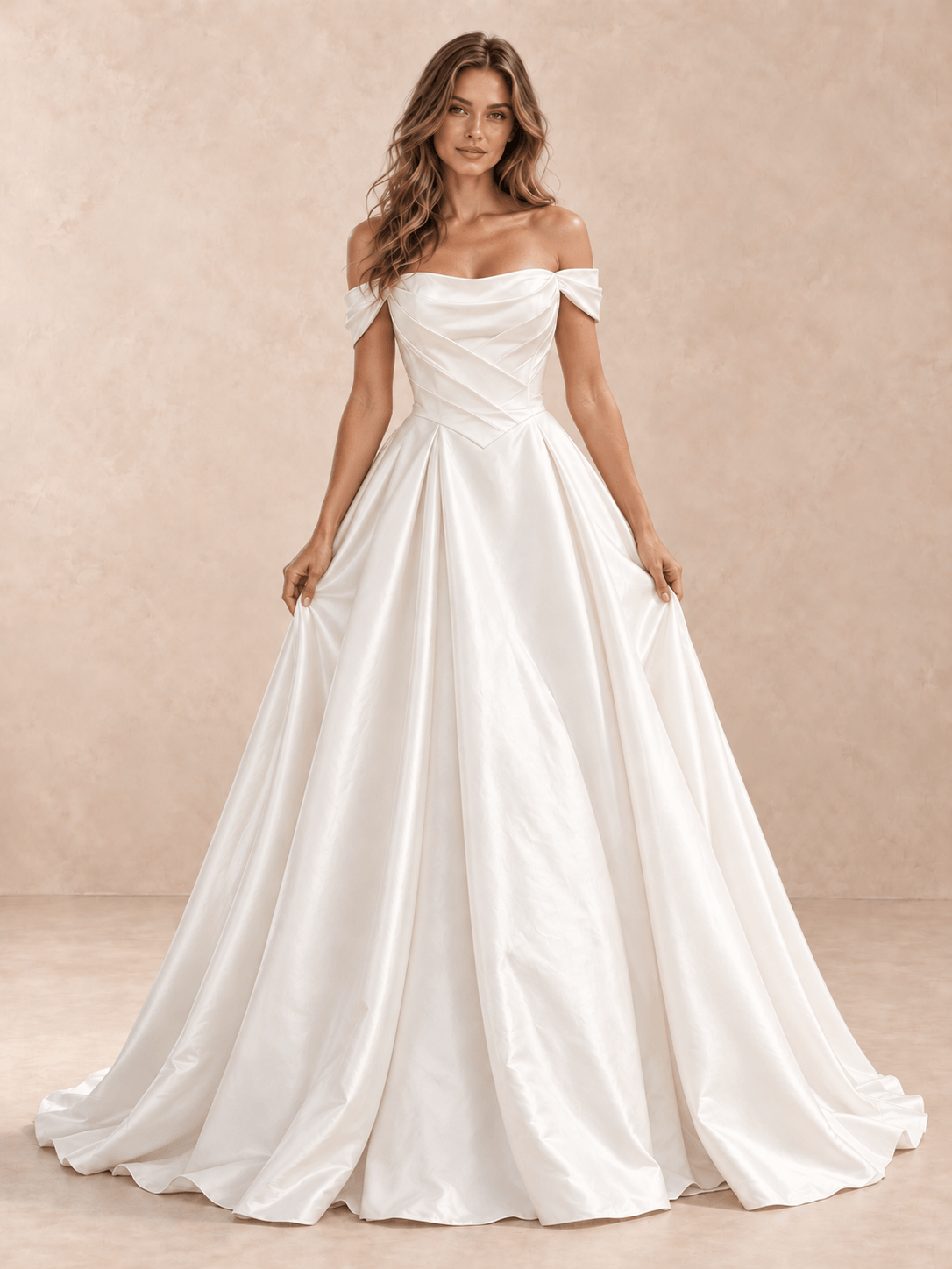 White Satin Off-the-Shoulder Wedding Dress with Draped Crossover Bodice