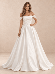 White Satin Off-the-Shoulder Wedding Dress with Draped Crossover Bodice