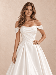 White Satin Off-the-Shoulder Wedding Dress with Draped Crossover Bodice