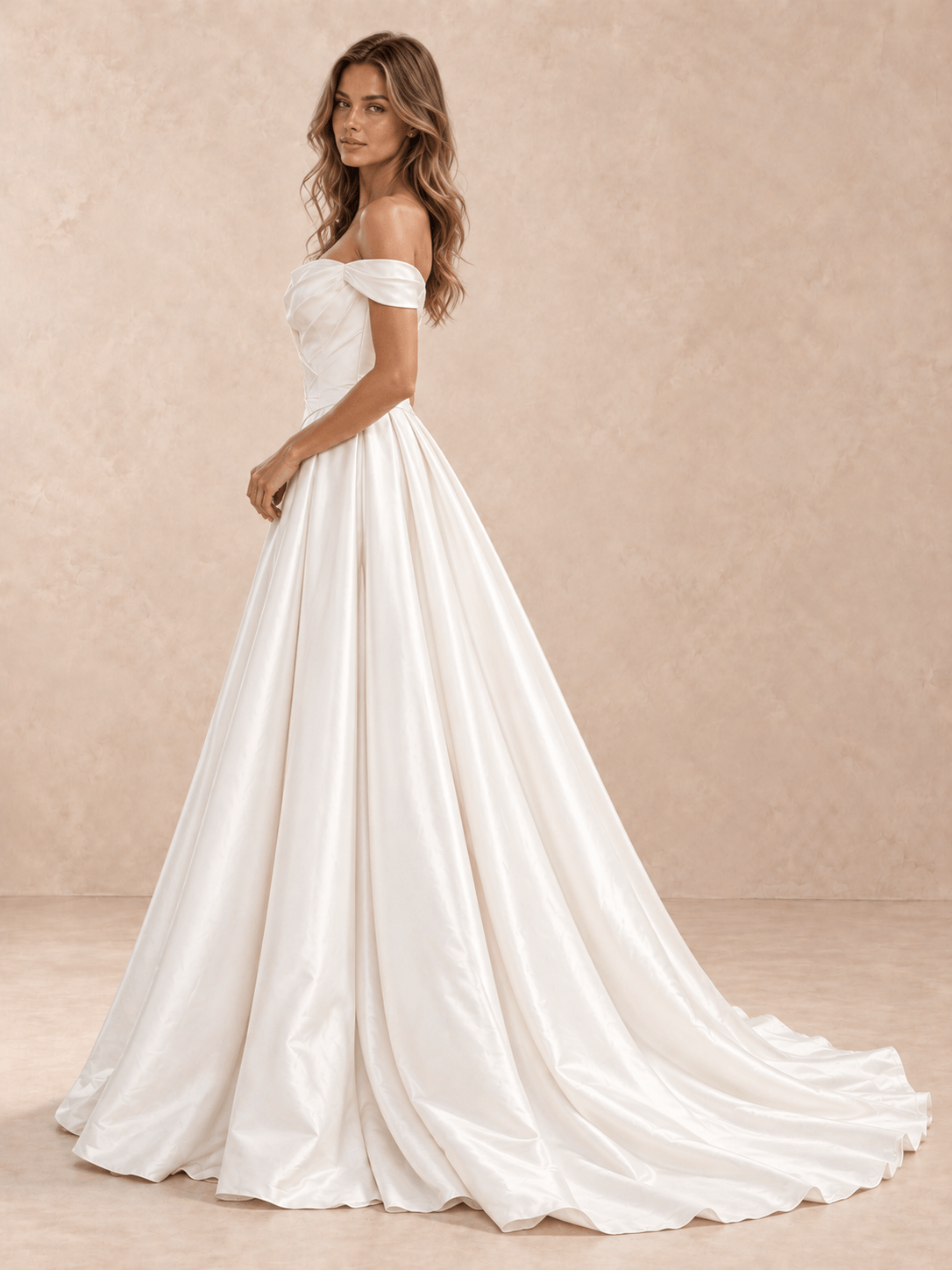 White Satin Off-the-Shoulder Wedding Dress with Draped Crossover Bodice